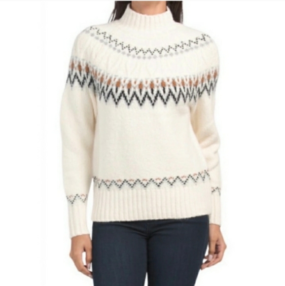 Artelier Nicole Miller Med Mock Neck Fair Isle Ribbed Knit Sweater Pullover Soft - Picture 1 of 11